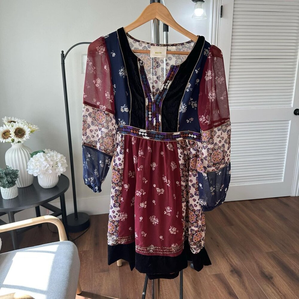 Womens Maeve Anthropologie Quartier Latin Embroidered Patchwork Velvet Dress XS